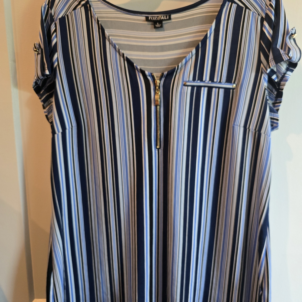 Roz & Ali Navy Striped Blouse with Zipper Detail